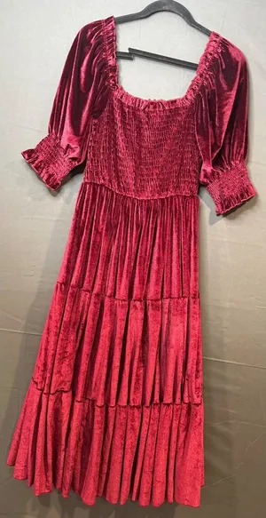 Realtix XL Burgundy Velvet Maxi Dress Smocked Puff Sleeve Cottagecore Romantic thumbnail 1