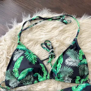 3 Piece Green Jungle Tropical Swim Set Bikini & Sheer Cover Up L thumbnail 4