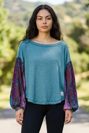 We The Free Oversized Waffle Knit Top Boho Patchwork Sleeves Sz S thumbnail 1