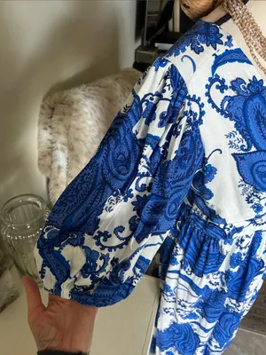 White closet elements white blue boho cottage paisley wrap Midi dress L thumbnail 4