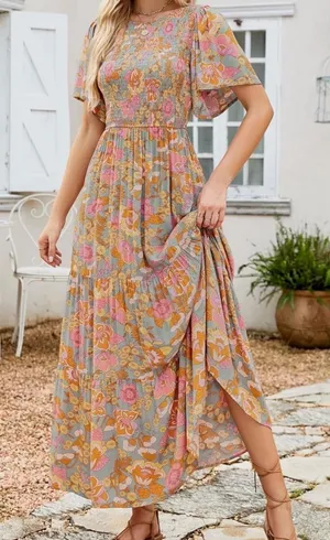 Bright Fushia Floral Print Short Sleeve Smocked Top Tiered Maxi Dress Size L thumbnail 1