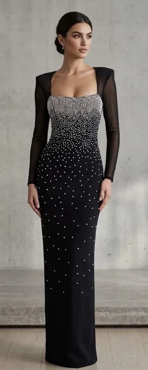 Vintage Lillie Rubin Black Maxi Dress Mesh Square Neck Beaded Size Medium thumbnail 1