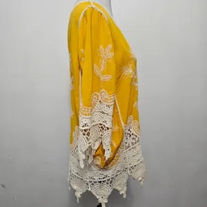 Cato Sunflower Yellow Embroidered Crochet Trim Tunic Size Large thumbnail 3