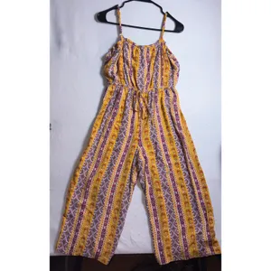 AUW Women Mustard Yellow Boho Striped Wide Leg Jumpsuit Large Floral Geometric thumbnail 3