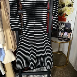 Club Monaco Black And White Striped Ribbed Midi Sweater Dress With Bell Sleeves thumbnail 7