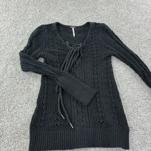 Free People Black Lace Up Crochet Knit Sweater Tunic Size‎ XS Casual Goth Moto thumbnail 3