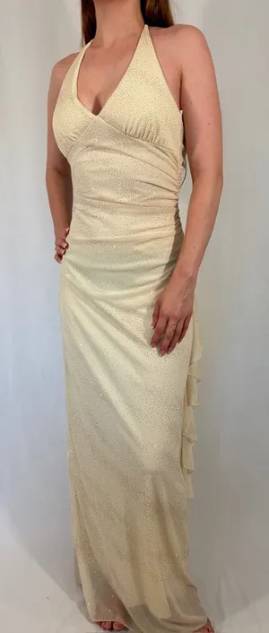 Sparkly Cream White Vintage Halter Neck Ruffle Party Formal Dress thumbnail 1