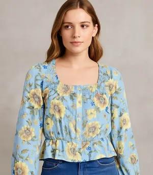 Milk & Honey Womens Floral Long Sleeve Peplum Blouse Medium Cottagecore Coquette thumbnail 1