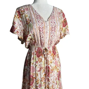 Vivimos Floral Maxi Dress L Prairie Flowy Relaxed Romantic Henley Elastic Waist thumbnail 5