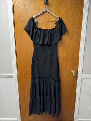 Baltic Born Amalfi Smocked Off Shoulder Long Maxi Mermaid Ruffle Dress Black XL thumbnail 12