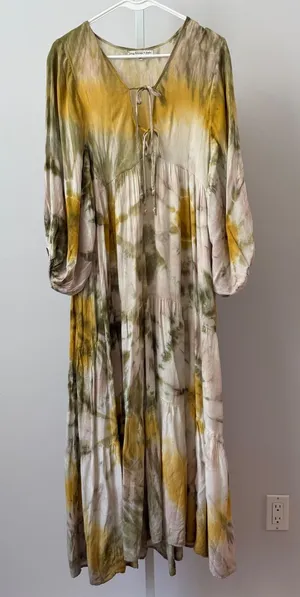 Young Fabulous & Broke Rayon Boho Beachy Relaxed Tie Dye Maxi Dress XS Green thumbnail 1