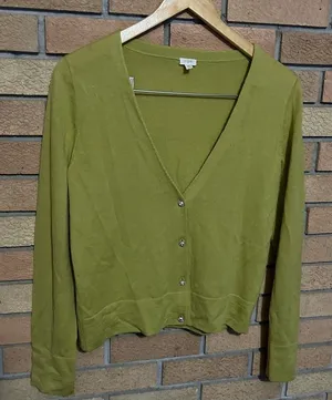 J. Crew Factory Green Cardigan Sweater Merino Wool Rhinestone Buttons Size M thumbnail 1