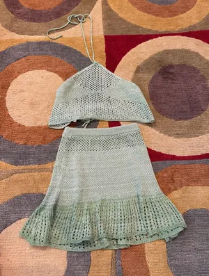 SHEIN Green Two Piece Crochet Sweater Matching Coverup Set Skirt Halter Top S thumbnail 1