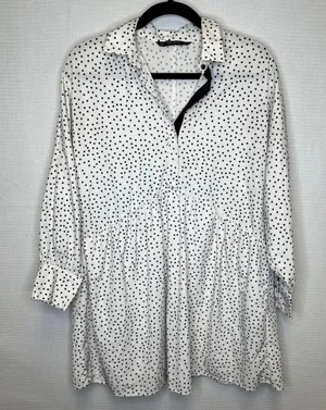 Zara Basic Polka Dot Babydoll Tunic Dress White Black Long Sleeve Pockets M thumbnail 1