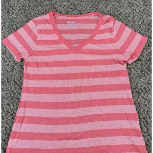 Old Navy‎ Vintage Women's Pink White Stripped V Neck Short Sleeve Tee Size Large thumbnail 2
