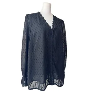 Black Semi-Sheer Swiss Dot V-Neck Relaxed Fit Long Sleeve Blouse thumbnail 4