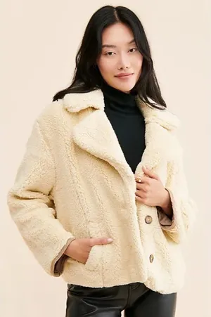 Free People We The Free Joplin Cozy Jacket Cream Sherpa‎ Coat Womens Size L thumbnail 1