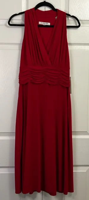 Vintage Evan Picone Red Matte Jersey V Neck Sleeveless Sheath‎ Dress US 12 thumbnail 1