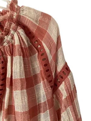 Free People NWTs Honey Grove Plaid Boho Embroidered Blouse size small Rust Cream thumbnail 4