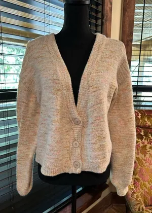 EUC Sincerely Jules Fuzzy Pink/cream Cropped Cardigan size M thumbnail 1