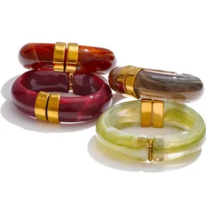 Red & gold chunky bangle bracelet with resin and stainless steel thumbnail 8