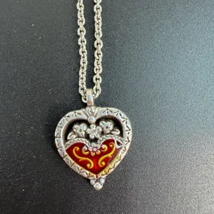 Brighton Joy Heart Necklace Reversible‎ Pendant Red Enamel Floral Silver Tone thumbnail 2
