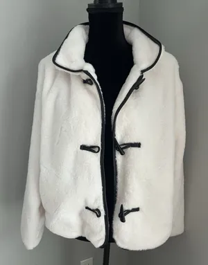Sabrina Lauren Women's Large Faux Fur Toggle Coat Luxe Look White W/‎ Black Trim thumbnail 1