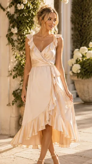 Show Me Your Mumu Samantha Ruffle Wrap Satin Midi Dress Champagne Small‎ thumbnail 1