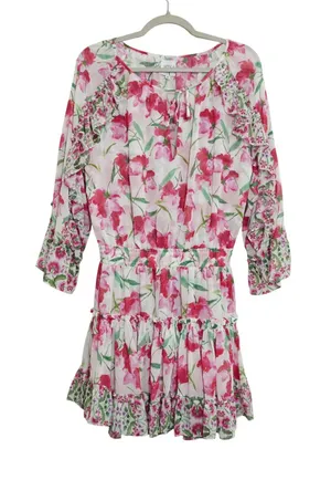 MISA Los Angeles Size Medium Pink Floral‎ Ruffle Mini Dress Smocked Waist Girly thumbnail 1
