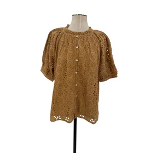 Cleobella Kate Organic Cotton Eyelet Puff Sleeve Blouse Wheat Brown Size Large thumbnail 3
