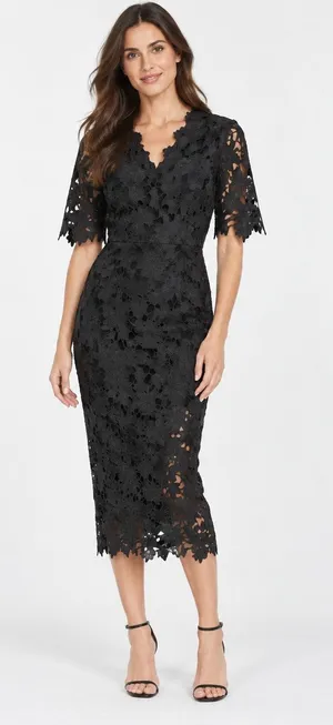 40UR Dreamers Black Floral Sheer Lace Midi Dress Size Medium NWT thumbnail 1