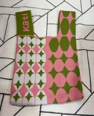 Kati Knit Mini‎ Tote Bag Small Pink Green Geometric Harlequin Pattern thumbnail 1