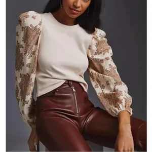 Anthropologie Dolan Lace Puff-Sleeve Top Sz S tan‎ thumbnail 1