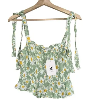 Nordstrom Elodie Tank Top Womens Sz M Green Smocked Floral Tie Shoulder Square Neck Spring thumbnail 1