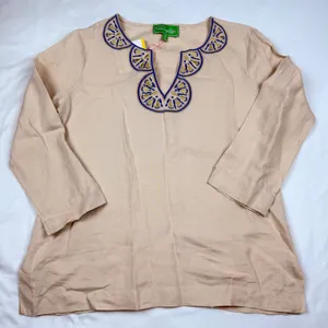 Pappagallo Womens Sand Beige 100% Linen Embroidered Beaded Tunic Top Size M NEW thumbnail 1