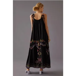 Anthropologie Maxi Dress Med Black Embroidered Boho Tie Strap Flowy Relaxed Fit thumbnail 2