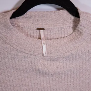 Free People Moutaineer Waffle Knit Lace Up Long Sleeve Crew Neck Tee Shirt Beige thumbnail 2