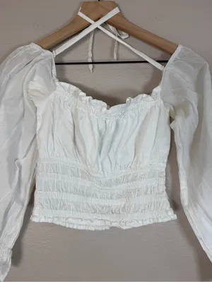 With Jean Fonda Top Long Sleeve Smocked Blouse White Small $219 thumbnail 12
