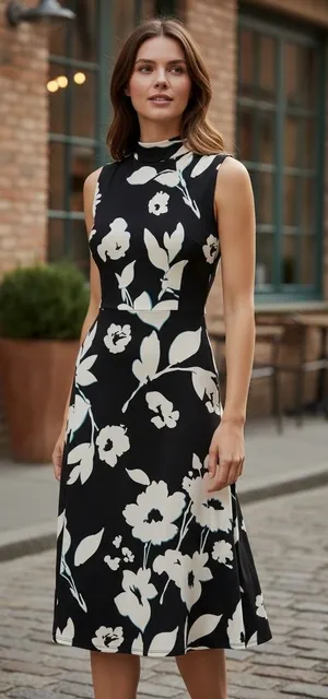 Maggy‎ London Womens Floral Mock Neck Sleeveless Midi Dress Black White Size 10 thumbnail 1