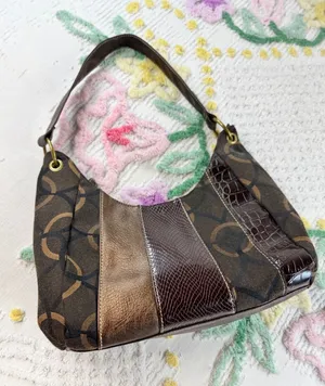 Juici Couture Vintage Mixed-Media Hobo Bag Brown Monogram Croc Snake Print Purse thumbnail 1