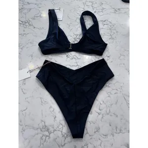 NWT Quince Black Italian Plunge Bikini Top & V Cut High Leg Bottom Medium thumbnail 2