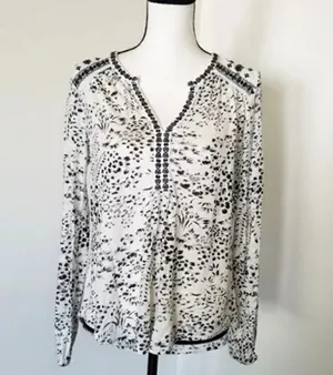 Lucky Brand M Shirt Top black white patterned long-sleeve peasant embroidered thumbnail 1