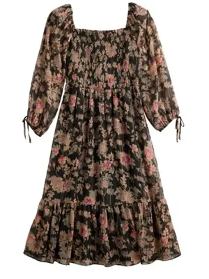 LC Lauren Conrad Black Pink Floral Cottage Romantic Smocked Bodice Midi Dress thumbnail 2