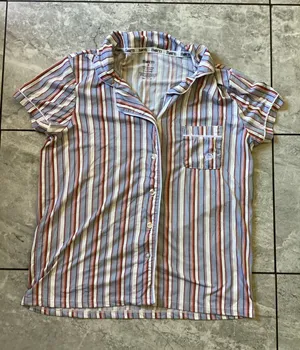 Born Womens Pajama Top Small Blue Orange Striped Button Down Short Sleeve Sleep thumbnail 1