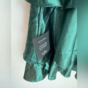 NWT Lulus Tiers of Joy Emerald Green Satin Tie- Back Tiered Mini Dress thumbnail 7