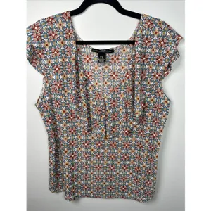 Amang NY Top Womens XL Peasant Boho V-neck Cap Sleeve Stretch‎ Colorful thumbnail 2