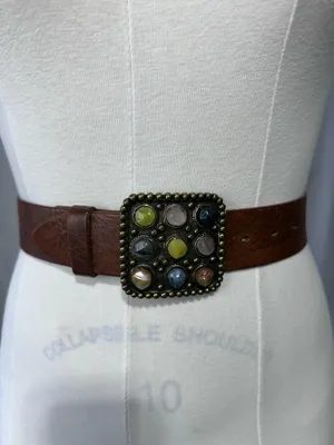 Vintage Lucky Brand Y2K Brown Studded Leather Crystal Buckle Belt Wide Western thumbnail 8
