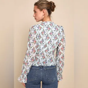 NWT Lulus Undeniably Darling Light Blue Floral Chiffon Balloon Sleeve Top XS thumbnail 2