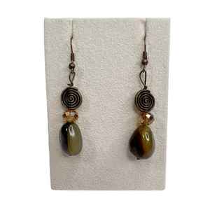 Natural Stone & Antiqued Brass Swirl Amber Faceted Bead Dangle Pierced Earrings thumbnail 1