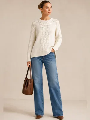 Tuckernuck Ivory Cable-Knit fisherman wool Crew neck Sweater sz L thumbnail 2